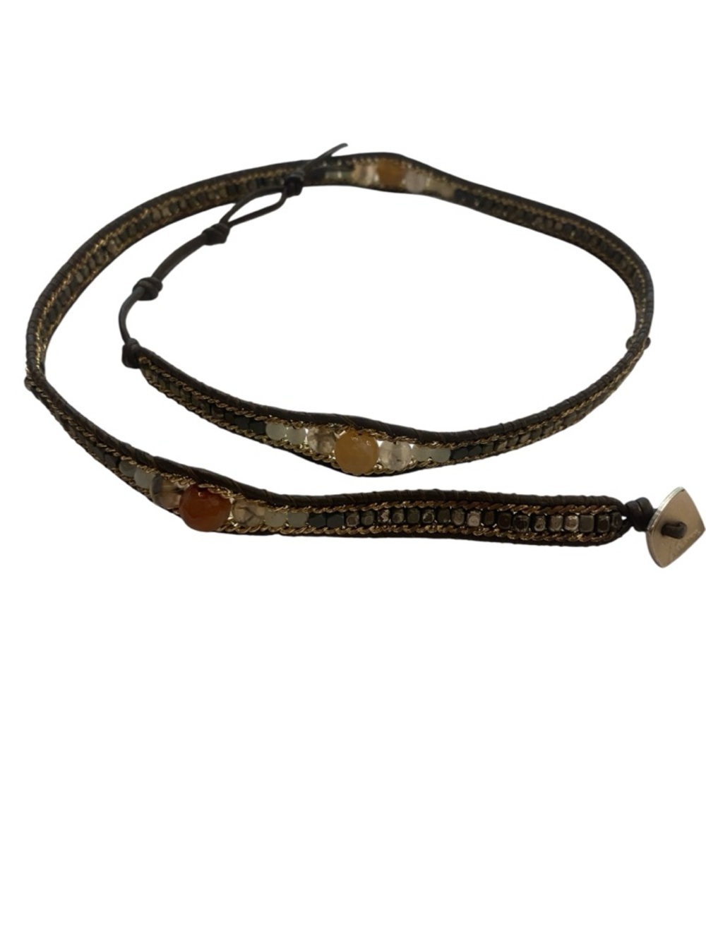 Beaded Leather Wrap Boho Bracelet with Amber Accents Brown 🌷